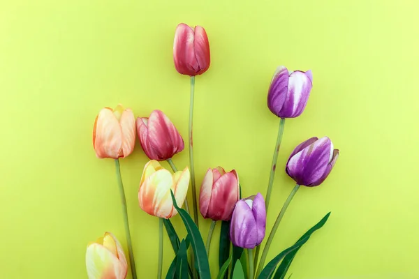 Bouquet Colorful Tulips Yellow Paper Background Spring Flower Arrangement Background — Stock Photo, Image