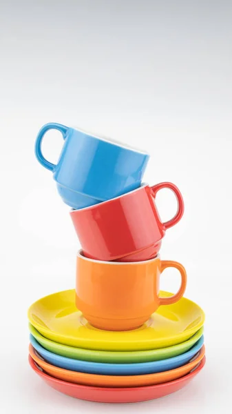 Bunte Kaffeetasse Auf Buntem Papierhintergrund Viele Tassen Für Kaffee Und — Stockfoto