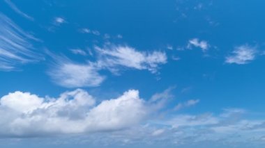 Mavi gökyüzü beyaz bulutlar Kabarık kabarık beyaz bulutlar mavi gökyüzünde akıyor bulutlu zaman çizelgesi yaz güneşli havalarda güzel hava günlerinde Bulut zamanı hızlandırılmış doğa arka planı