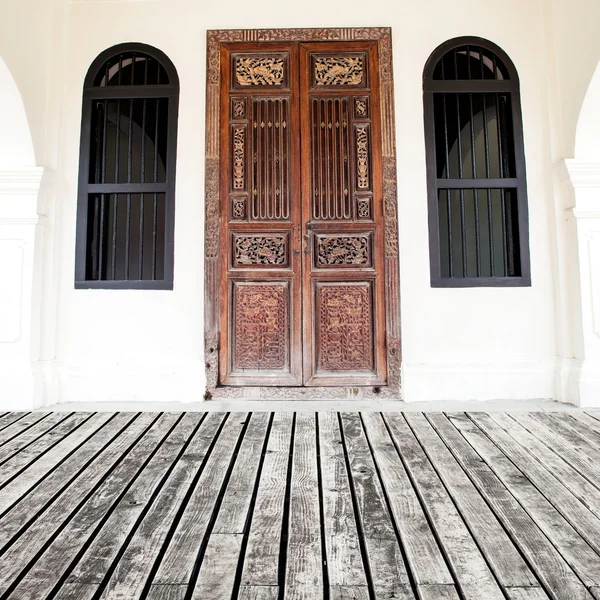 Wooden Plank Floor and Vintage Wall Brick With Window and door -