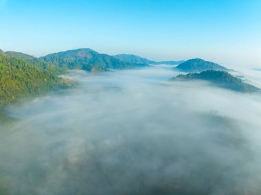 Tropikal yağmur ormanlarında akan sis dalgalarının hava görüntüsü bulutların üzerindeki kuş bakışı görüntü Tayland 'da bulutlar ve dağ zirveleriyle dolu arka plan.