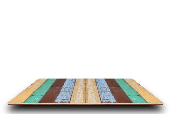 Порожній верх старого барвистого дерев'яного столу ізольовано на білому фоні — стокове фото
