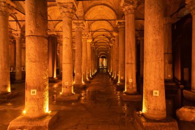 Inside of Basilica Cistern, these were built in the 6th century during the reign of Byzantine Emperor Justinian clipart