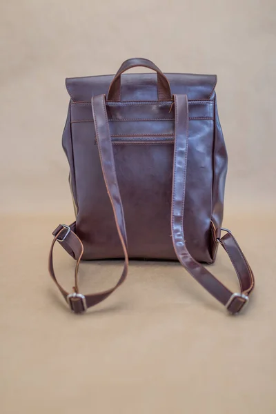 Brown Leather Backpacks Isolated Beige Background Unisex Bag — Stock Photo, Image