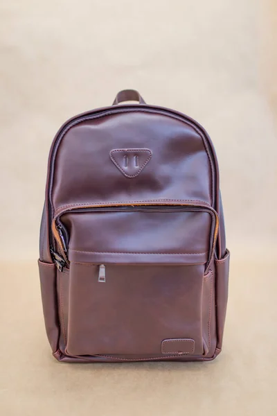 Brown Leather Backpacks Isolated Beige Background Unisex Bag — Stock Photo, Image