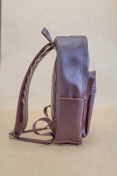 Brown Leather Bag Beige Background Unisex Bag — Stock Photo, Image