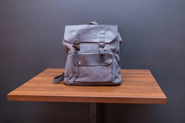 Canvas Backpack Wood Table Unisex Bag — Stock Photo, Image