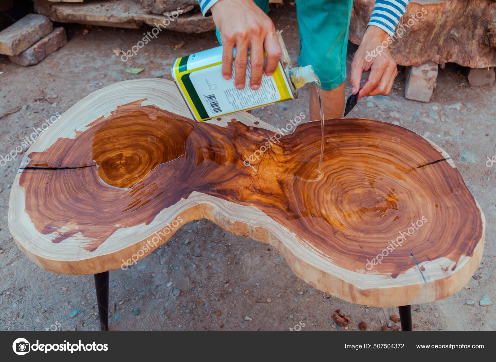 Carpenter Pouring Linseed Oil Wooden Table Process Making Wood