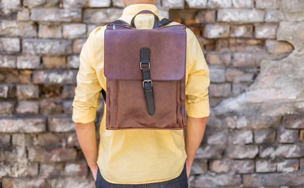 Back Man Brown Leather Backpack Unisex Bag Sale Unbranded Backpack — Stock Photo, Image