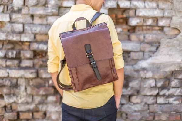 Back Man Brown Leather Backpack Unisex Bag Sale Unbranded Backpack — Stock Photo, Image