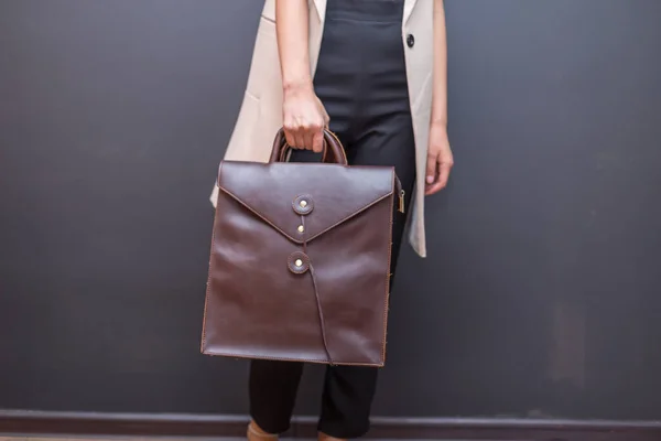 Brown Leather Bag Hand Woman Unisex Bag Sale — Stock Photo, Image