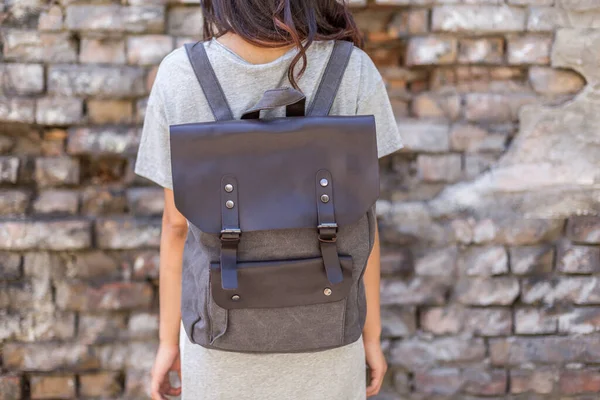 Back Woman Gray Canvas Backpack Unisex Bag Sale — Stock Photo, Image