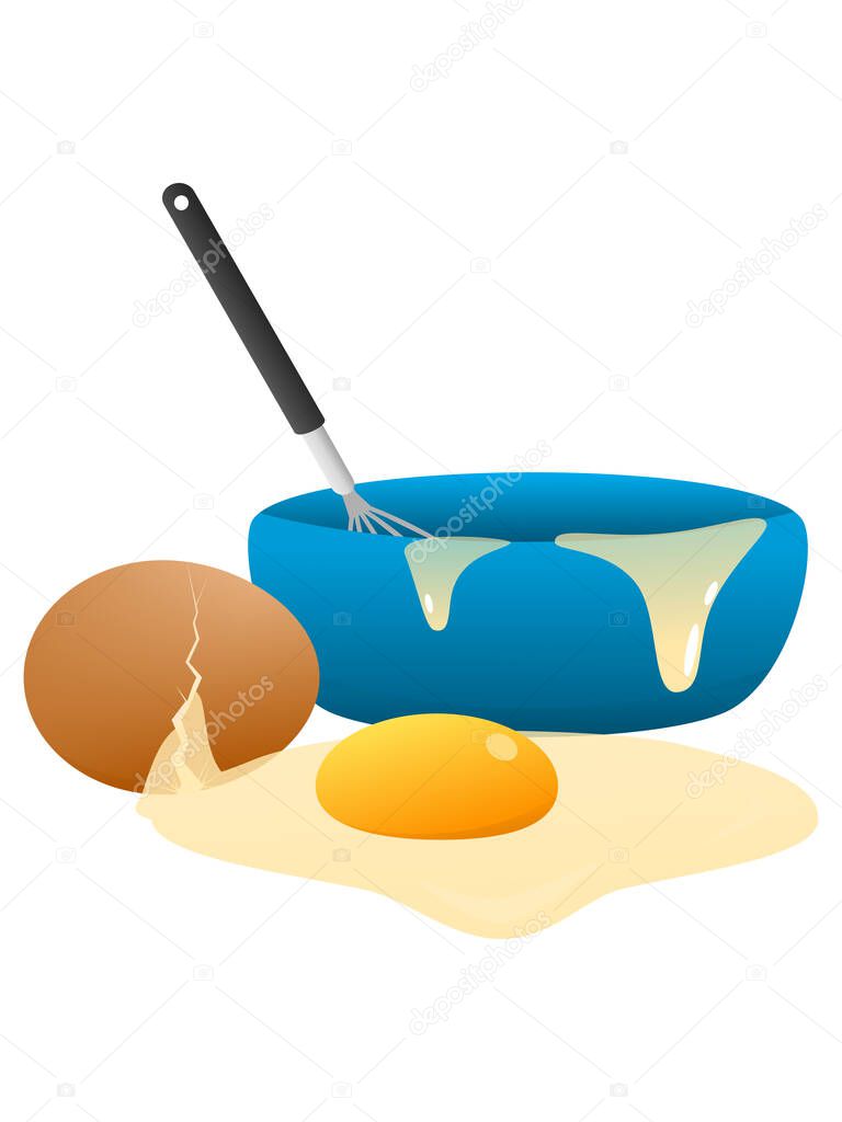Eggs with egg beaters, broken egg, bakery illustration, vector