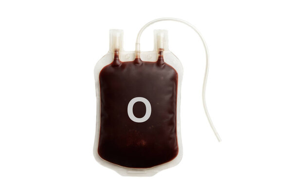 Blood bag filled with dark red blood labeled O, isolated on a clean white background, representing medical donation, transfusion, and healthcare services