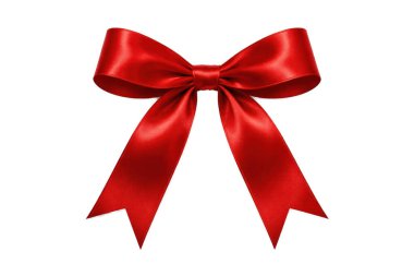 Beyaz zemin üzerinde izole edilmiş yumuşak ipek dokuya ve simetrik döngülere sahip zarif kırmızı saten kurdele yayı. Hediye paketi için klasik dekoratif yay, bayram kutlaması, düğün tasarımı, şenlikli markalaşma ve zarif dekorasyon kavramları.