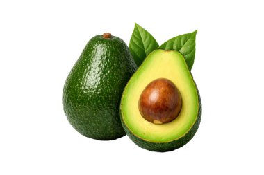 Taze avokado kompozisyonu. İçinde bir avokado ve bir avokado var. Tohum, canlı yeşil et ve dokulu koyu yeşil ten. Beyaz arka planda temiz izole meyve düzenlemesi