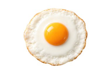 Yukardan bakıldığında tek bir güneşli tarafı kızarmış yumurta, yumuşak beyaz yumurta aklarıyla çevrelenmiş parlak, altın sarısı bir yumurta sarısı. Minimalist besin bileşimi temiz beyaz üzerinde izole edilmiş.