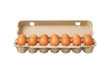 Açık karton yumurta karton yumurta kartonunda taze kahverengi tavuk yumurtaları beyaz arka planda izole bir şekilde yatay sıraya dizilmiş. Temiz minimalist gıda ve tarım için uygun market konsepti