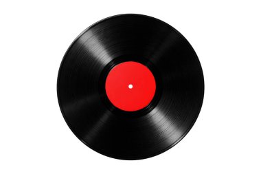 Beyaz zemin üzerinde izole edilmiş parlak kırmızı merkez etiketli klasik siyah vinil kayıt, ince oluklu dairesel disk, üst görünüm kompozisyonu, temiz minimum ürün fotoğrafçılığı