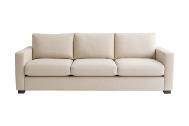 Modern bej kumaş kanepe, üç koltuk yastığı ve temiz düz kolluklar, saf beyaz bir arka planda, yumuşak, hatta aydınlık ve nazik doğal gölgeyle izole edilmiş. Çağdaş oturma odası mobilyası