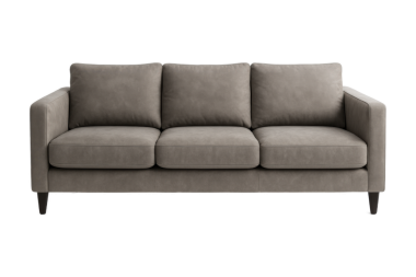 Beyaz arka planda üç koltuklu modern gri kumaş kanepe, temiz minimalist tasarımı olan çağdaş oturma odası mobilyası, yumuşak döşeme dokusu, ön manzara, merkezli kompozisyon.