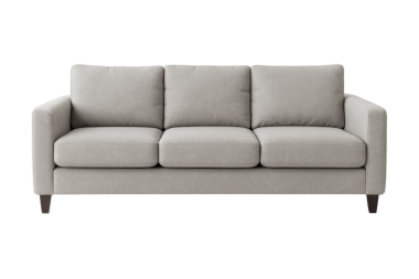 Yumuşak nötr döşeme, pelüş koltuk minderleri, destekleyici gerinme ve basit çağdaş tasarım içeren, temiz beyaz bir arka planda izole edilmiş minimum modern üç koltuklu kumaş kanepe.