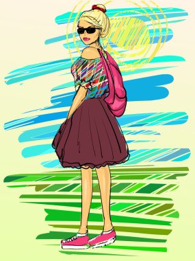 Sketch style drawn girl, free hand style, fashion illustration