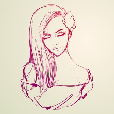 Sketch style drawn girl, free hand style, fashion illustration