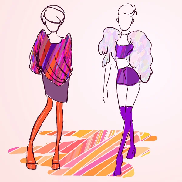 Sketch style drawn girl, free hand style, fashion illustration — 스톡 벡터