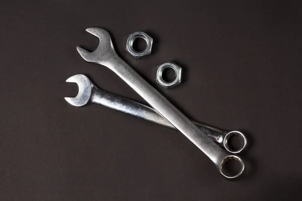 Two Spanners Screw Nuts Black Background Stock Image