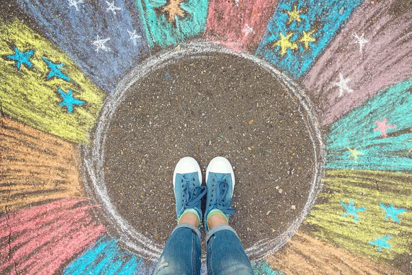 Comfort zone concept. Feet standing inside comfort zone circle. — Stock Photo, Image