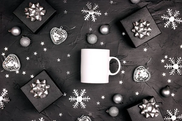 White Coffee Mug Silver Christmas Decorations Black Background Top View — Stock Photo, Image