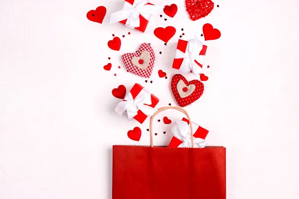 Red Shopping Bag Gifts Hearts White Background Valentines Day Shopping — Stock Photo, Image