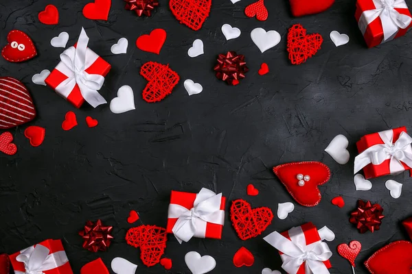 Cornice Regali Cuori Fiocchi Sfondo Nero Concetto San Valentino Copia — Foto Stock