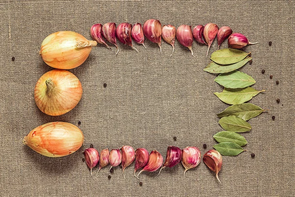 Frame of onions, garlic and spices — Stock Photo, Image