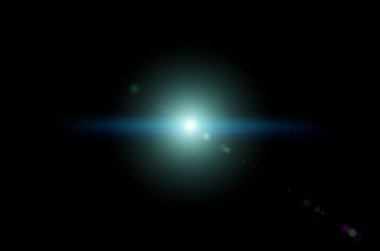 Lens çizgileri ve siyah arka planda bokeh olan parlak mavi bir ışık tasviri. Siyah arkaplanda dijital lens patlaması. Işıklı yıldız parlaması.