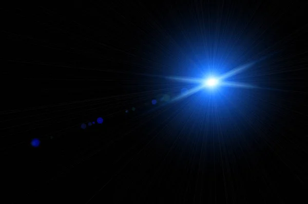 Ilustracja Jaskrawo Świecącego Niebieskiego Światła Linii Rozbłysku Soczewki Bokeh Czarnym — Zdjęcie stockowe