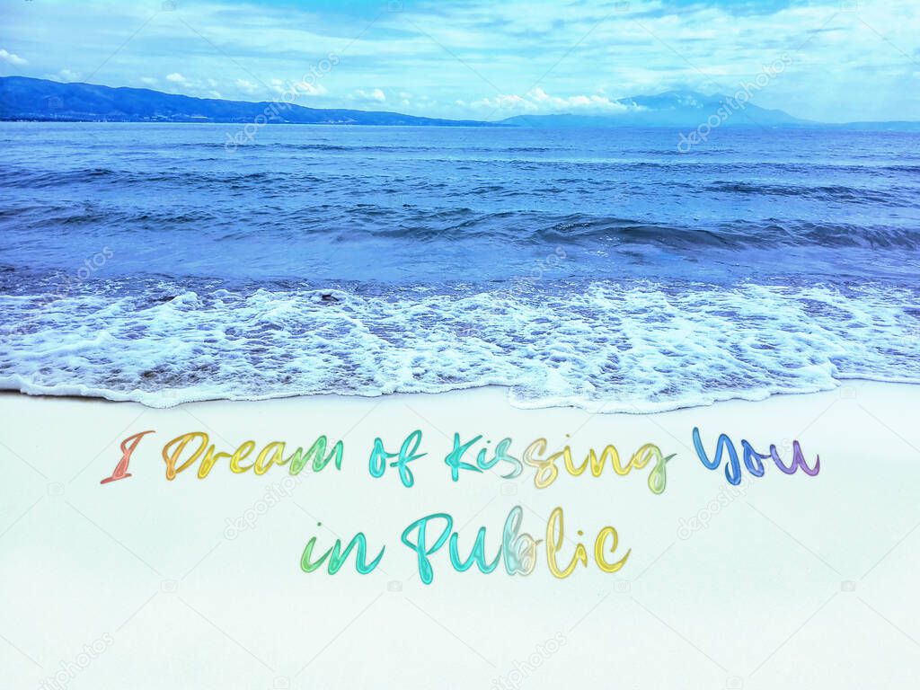 LGBT Pride rainbow color on the beach. Pride text quotation with LGBTQ rainbow colors. Hand written lettering with rainbow. Design for poster, placard, card.