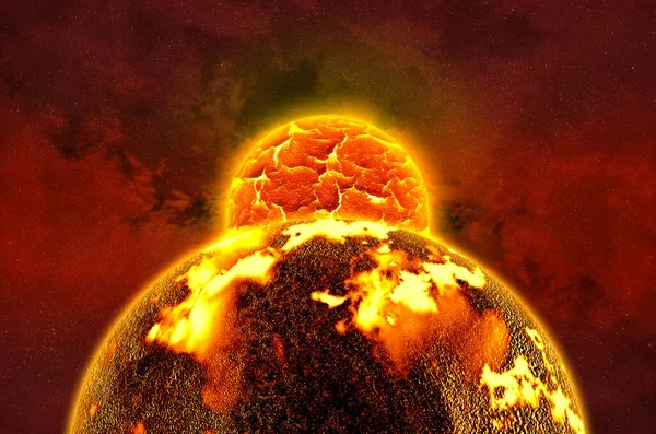 Güneş uzayda parlıyor. Güneş yüzeyinin güneş patlamalarıyla 3 boyutlu çizimi. Güneş patlamalarıyla güneş yüzeyi. Dijital Güneş dış uzayda yanıyor.
