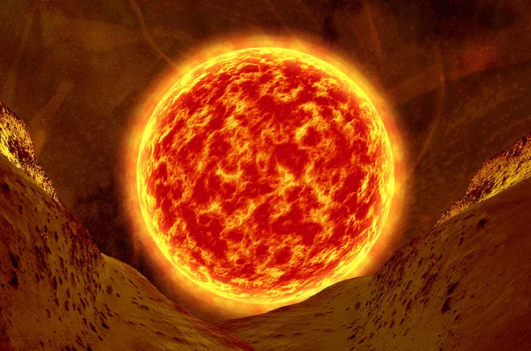 Sun surface with Solar flares. 3d illustration of Sun and space. Global warming concept.