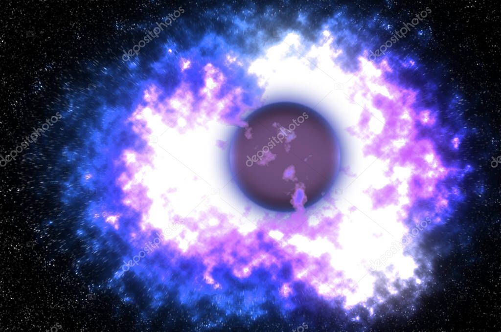 Planet explosion. 3d illustration of planet explosion with flares and gases. Explosion of planet in deep space.