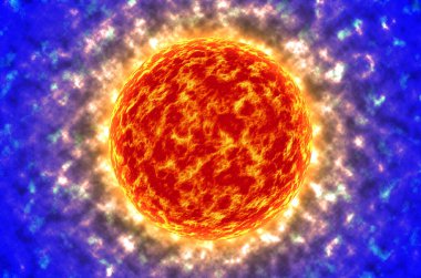 Güneş uzayda parlıyor. Güneş yüzeyinin güneş patlamalarıyla 3 boyutlu çizimi. Güneş patlamalarıyla güneş yüzeyi. Dijital Güneş dış uzayda yanıyor.