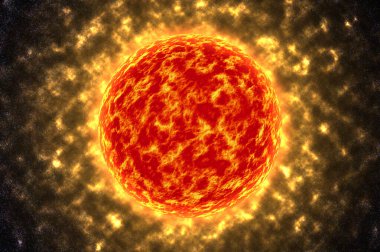 Güneş uzayda parlıyor. Güneş yüzeyinin güneş patlamalarıyla 3 boyutlu çizimi. Güneş patlamalarıyla güneş yüzeyi. Dijital Güneş dış uzayda yanıyor.