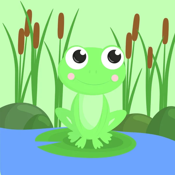 Children's cute cartoon frog on the background of the pond