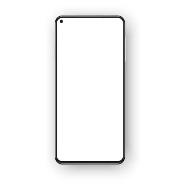 Gerçekçi çerçevesiz telefon modeli beyaz arka planda izole edilmiş. Boş ekran içeriğine selfie kamera yerleştirilmiş.