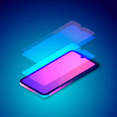 Akıllı telefon ekran katmanlarının renkli çizimi. Teknoloji ekran yapılandırması, katmanlı telefon ekranı. İzometrik görünüm