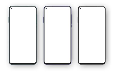 Beyaz arka planda üç tane çerçevesiz telefon modeli var. Boş ekrana selfie makinesini bıraktı