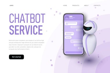 Chatbot İniş Sayfası tempalte ve yükselen robot. Gelecekteki sohbet robotu konsepti