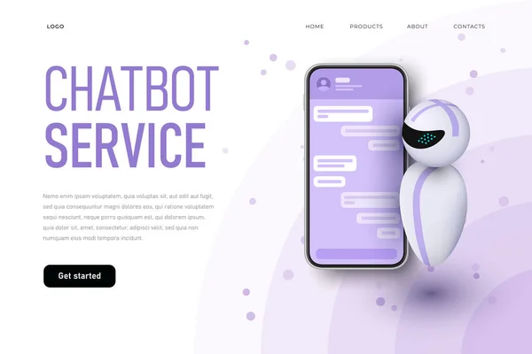 Chatbot service landing page tialte with levrishing robot. 미래의 채팅 봇 개념 — 스톡 벡터