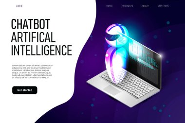Chatbot sanatsal zeka iniş sayfası şablonu uçan robot ve izomterik dizüstü bilgisayar